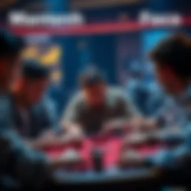 A group of poker players intensely focused on their cards while one player talks excessively, creating a distraction