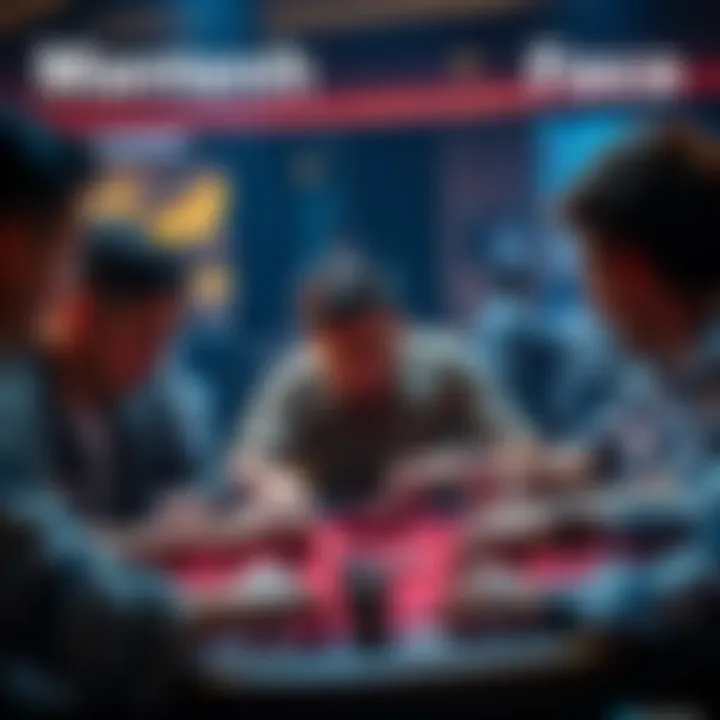 A group of poker players intensely focused on their cards while one player talks excessively, creating a distraction