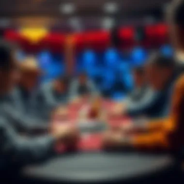 A group of poker players at a table, focused on their game during tough economic times, with worried expressions and changing strategies.