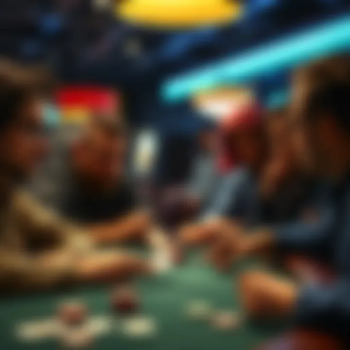 A group of poker players focused around a table during a game