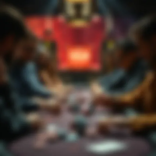 A tense poker game with players focused on their cards and chips, showcasing an intense moment of betting.