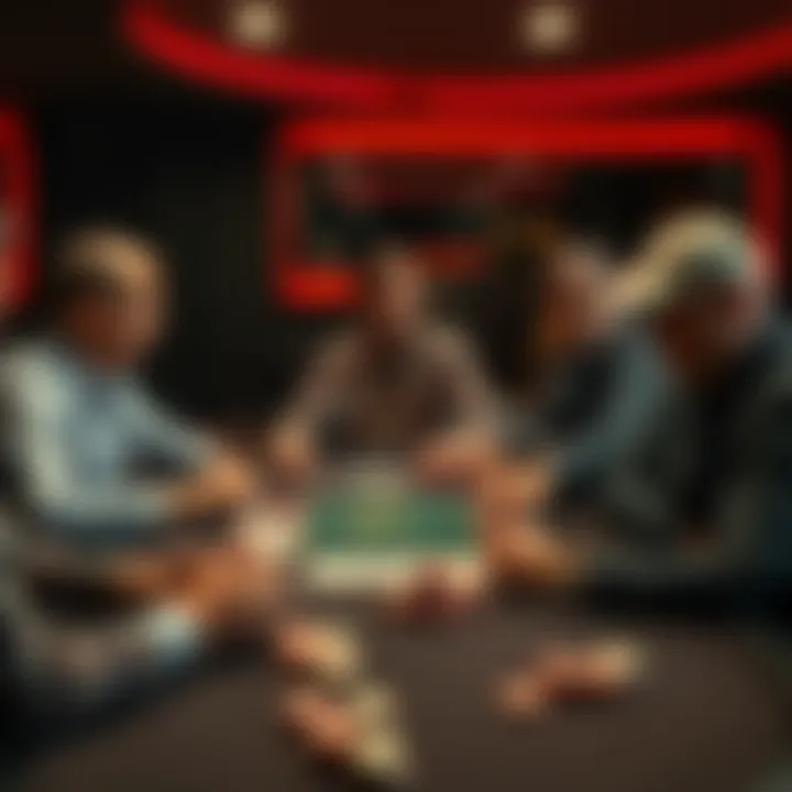 Five people engaged in a poker game, each with cards and chips in front of them, showing a lively game atmosphere