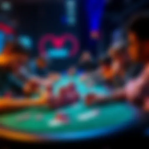 A group of poker players focused on their game at a table, with chips and cards spread out, showcasing the competitive atmosphere of a poker match.