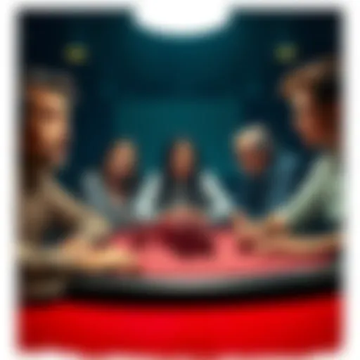 Poker players at a table A tense poker game scene showing two players, a man and a woman, looking surprised while two others, a father and son, exchange glances knowingly. The atmosphere is charged with uncertainty.