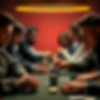 A group of poker players focused on their game, displaying various emotions like concentration and excitement, with cards and chips visibly on the table.