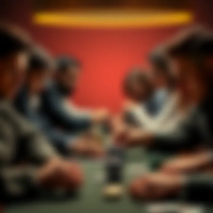 Poker Players at a Table A group of poker players focused on their game, displaying various emotions like concentration and excitement, with cards and chips visibly on the table.
