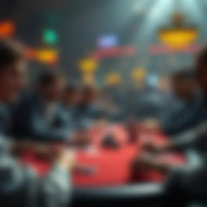 Poker players at the table A group of poker players sitting at a table, engaged in a tense game, with one player smirking after a bluff, while another looks surprised, creating a lively atmosphere.
