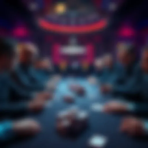 A group of poker players at a table with chips and cards, some showing aggressive play.