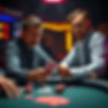 Two poker players at a table, one with a worried expression and the other looking confident, with cards in hand