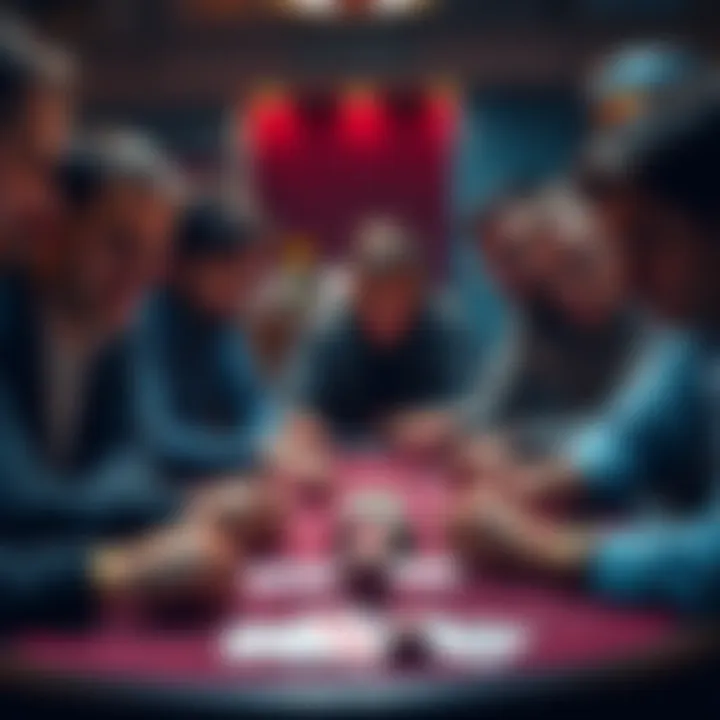 A group of poker players focus on their cards, showcasing various expressions of concentration and strategy, with chips and cards on the table.