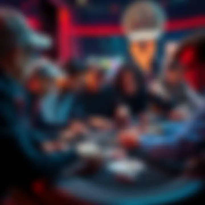 A group of diverse poker players focused on their cards at a tournament table, showcasing a mix of strategy and concentration.