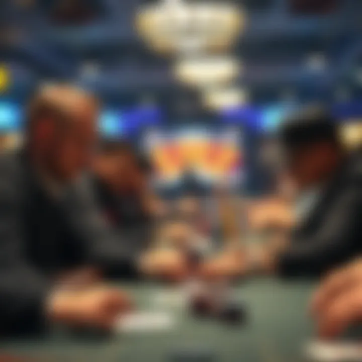 A group of poker players focused on their game at a tournament table, showing a mix of concentration and strategy.