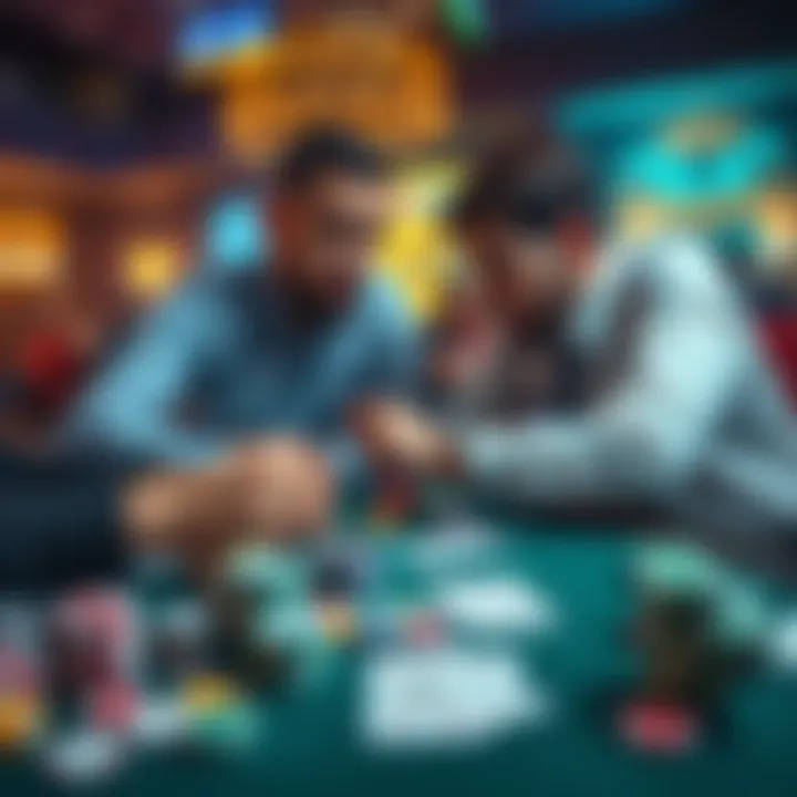 Two poker players discussing their strategies over a table filled with chips and cards