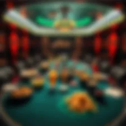 A poker room with a table featuring a variety of dishes and drinks, showcasing both appealing and unappetizing food options.