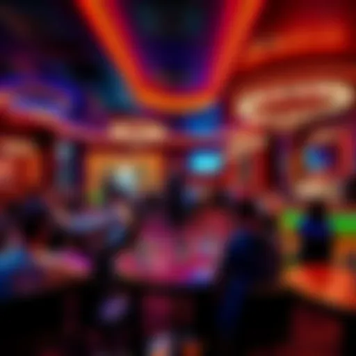 Poker Room Improvements A lively poker room with upgraded lighting and decorations, featuring colorful lights and a vibrant bar area, filled with people playing cards.