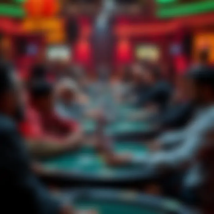 A crowded poker room with players waiting at tables, showing frustration on their faces.