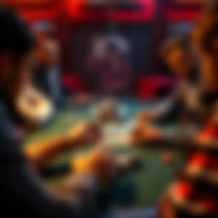 Poker table showdown A tense moment at a poker table with players focused on their cards, showing A♠Q♣ and a full house winning hand.