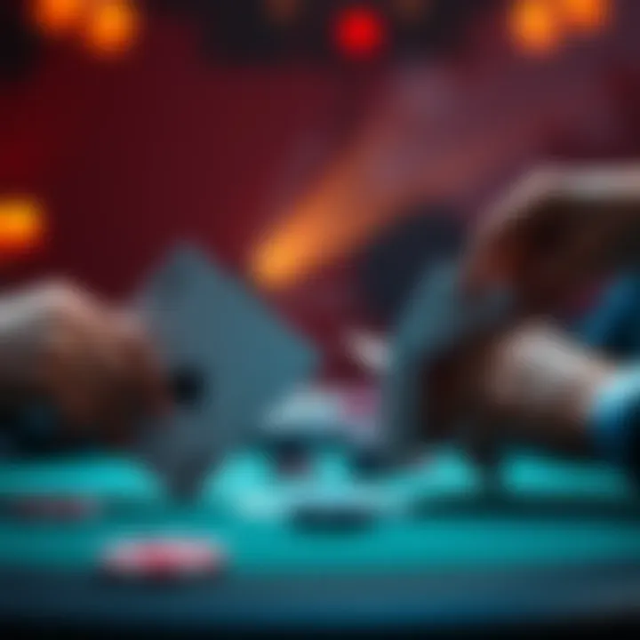 Two poker hands face-off: one with Q5S on the small blind and the other with AJ on the big blind during a critical tournament moment