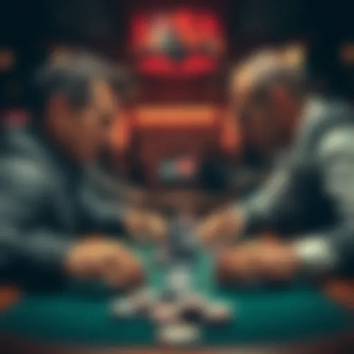 Intense poker game scene showcasing a player with AhKd facing another with AA, highlighting their focused expressions and poker chips on the table