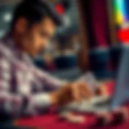 A player studying poker strategies with cards and a laptop in front of them, focusing on post-flop techniques.