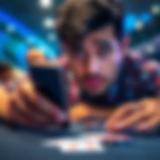 A person examining a poker solver app on a smartphone, showing uncertain expressions and poker cards on the table.