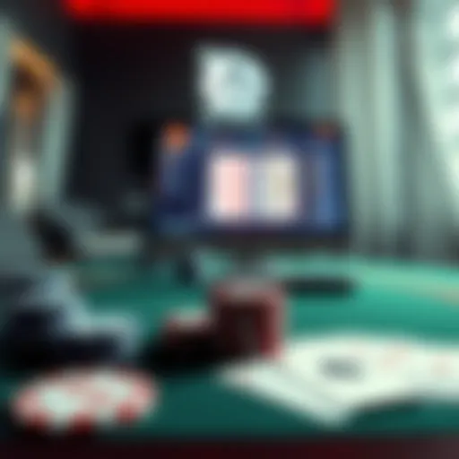 A poker table with chips and cards, showcasing a computer screen displaying poker strategy software.