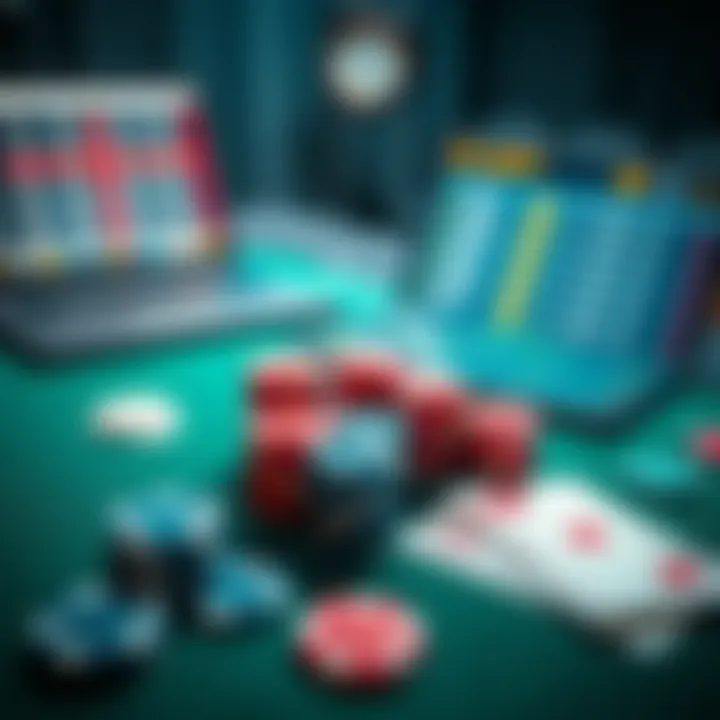 A poker table with chips and cards, alongside a sports betting ticket and a laptop showing odds