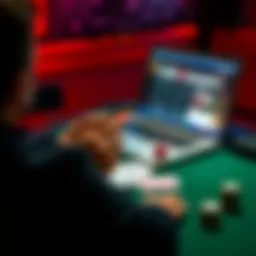 A person studying poker strategies with a deck of cards and a laptop open to an online poker site.
