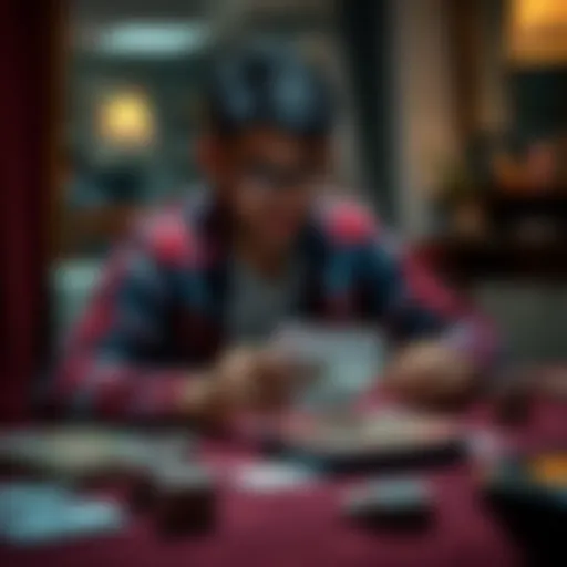 A casual poker player examining cards on a table, looking thoughtful about strategies and hand readings
