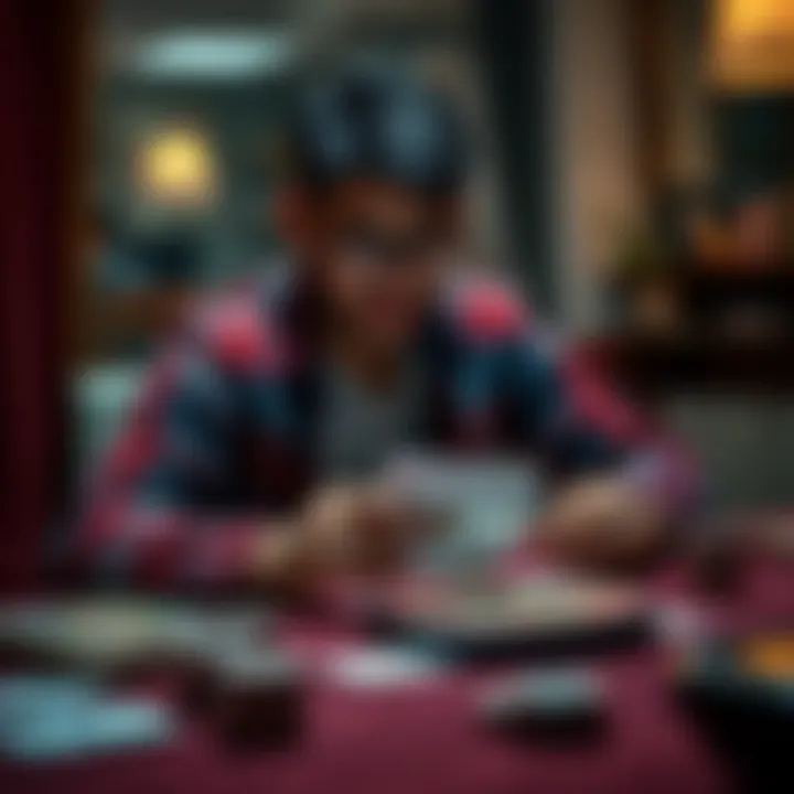 A casual poker player examining cards on a table, looking thoughtful about strategies and hand readings