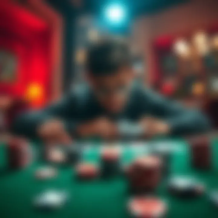 A person thoughtfully analyzing poker cards on a table, surrounded by poker chips and a focused expression, representing strategic thinking in the game.