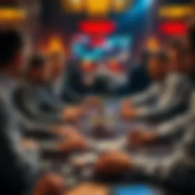 Poker Strategy Discussion A group of players at a poker table debating strategies, focused on the importance of betting versus checking, with cards and chips visible.