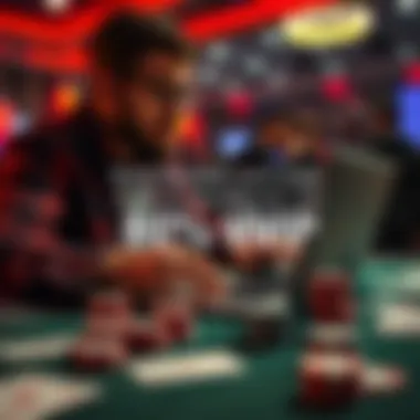 A person studying poker strategies on a laptop, with poker chips and cards on the table