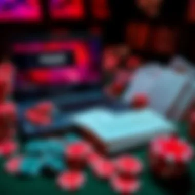 Poker Study Materials A collection of poker books and a laptop with poker strategy videos playing, surrounded by poker chips and cards.