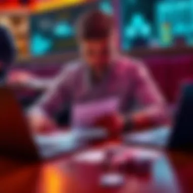 A person studying poker strategies with cards, notebooks, and a laptop at a table