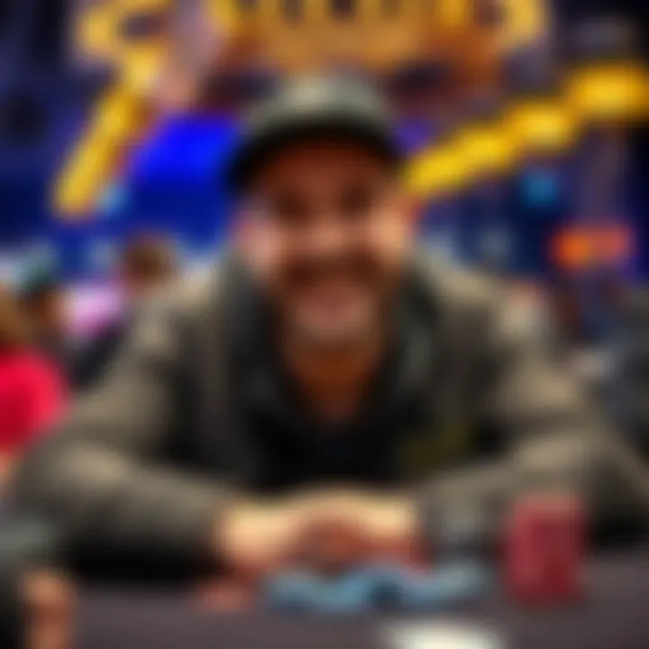 A player celebrating a poker win with chips and a smile