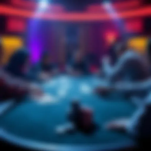 A lively poker table showing players engaged in a 5/10 stakes game with chips and cards spread out