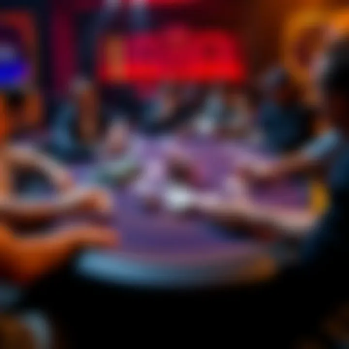 A poker table with players making critical decisions during a 5/10 game, showing cards and chips in play.