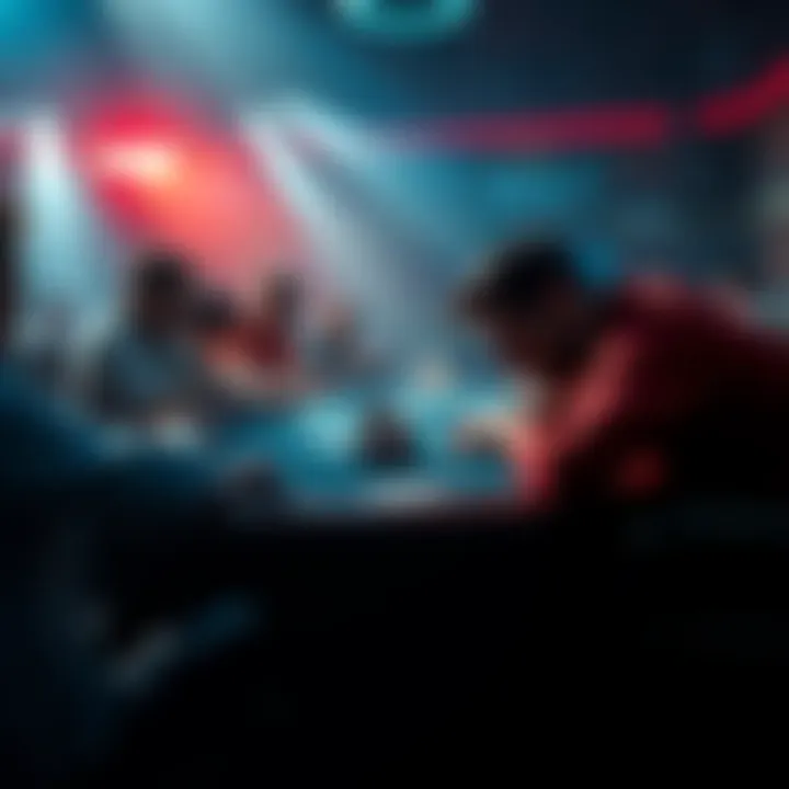 Poker table with aggressive player A tense poker game scene featuring a player aggressively betting at the table while others watch closely.