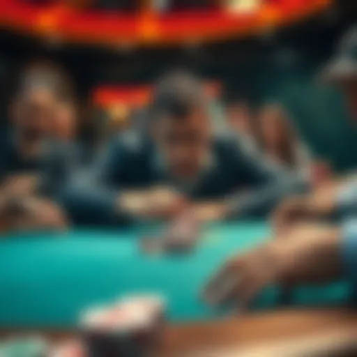 A tense scene at a poker table showing an aggressive player pushing chips forward, while others look concerned.