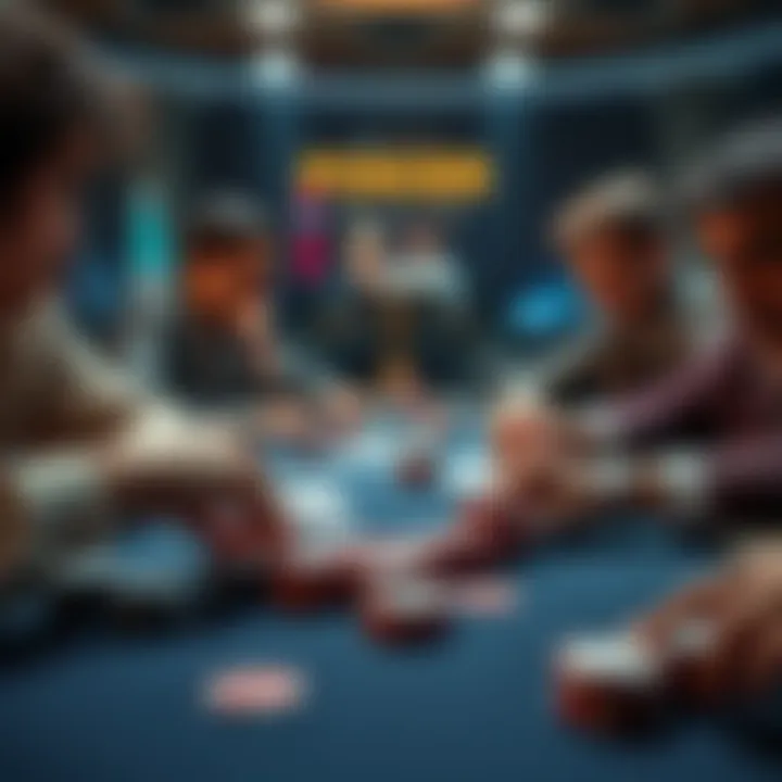 A close-up view of a poker table with chips and cards, showing tense player expressions during a crucial moment in a game