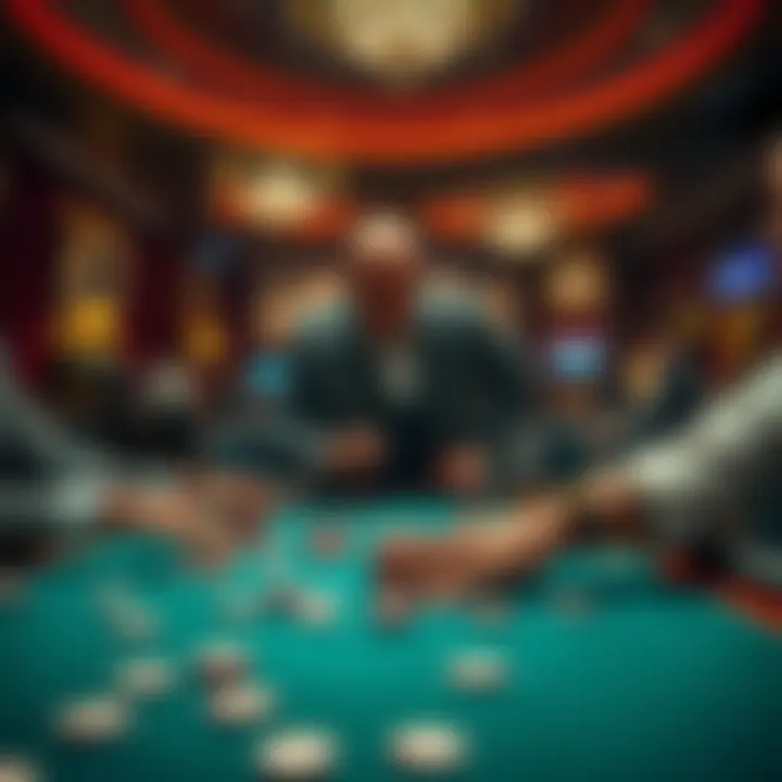 A frustrated player leaving a poker table with chips scattered, as a dealer announces a minimum bet increase