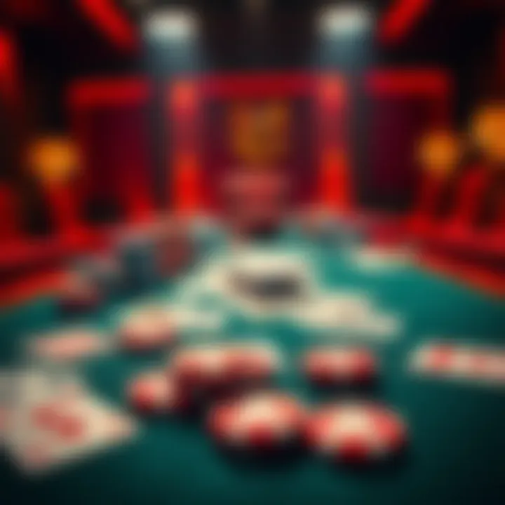 A poker table with playing cards and poker chips scattered, showing a tense moment in a game.