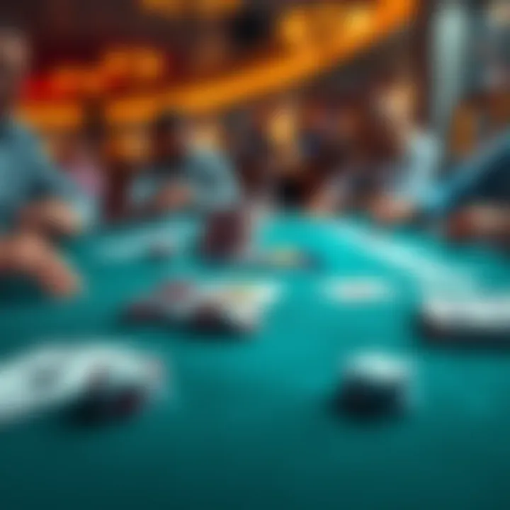 A poker table with playing cards, poker chips, and players engaged in the game