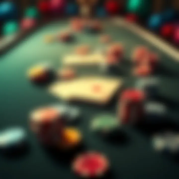 A poker table set with playing cards and colorful chips, showing the excitement of the game