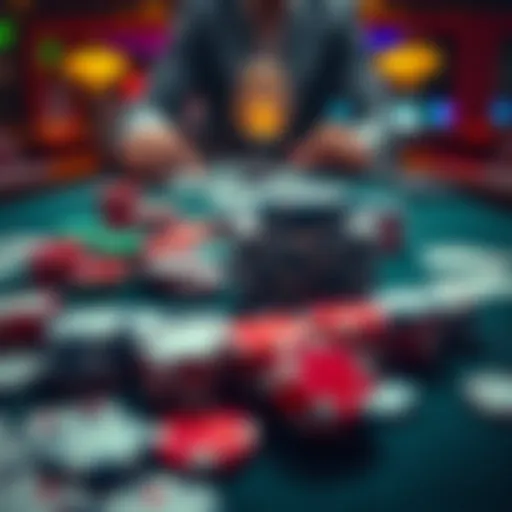 Poker chips and cards on a table A person playing poker at a casino table surrounded by colorful poker chips and cards