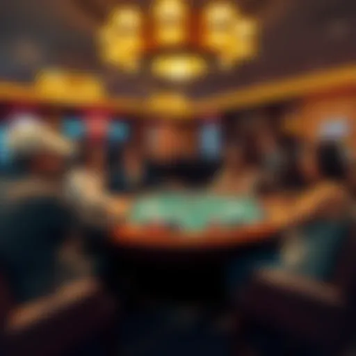 A poker table filled with players enjoying a game at a Las Vegas casino, with chips and cards spread out, creating a lively atmosphere.