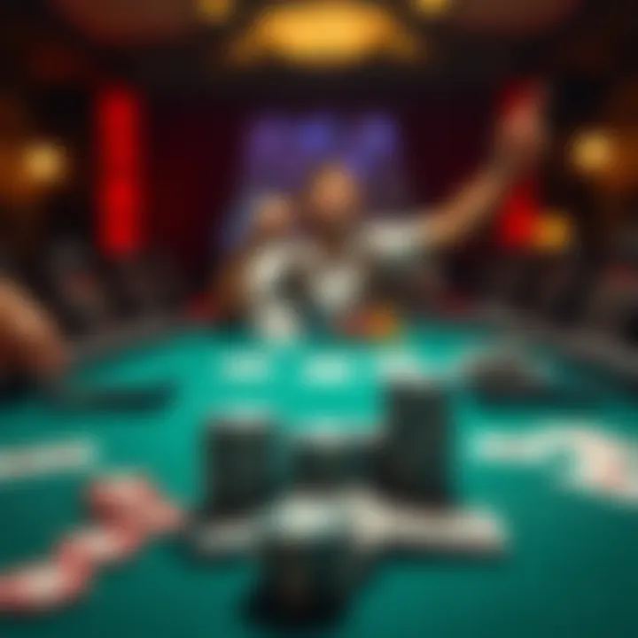 A player at a poker table celebrating a win with chips stacked in front of them, showing a profit from their game.