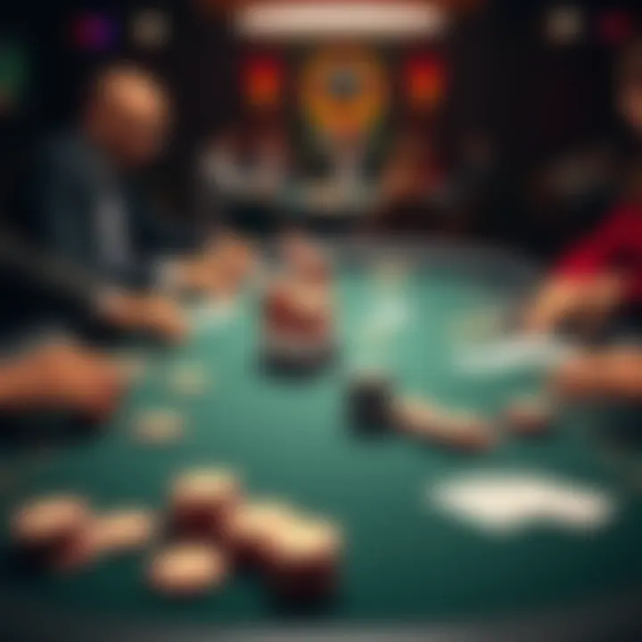 A poker table set up with chips and cards, showcasing players engaged in a game, emphasizing strategies for beginners.