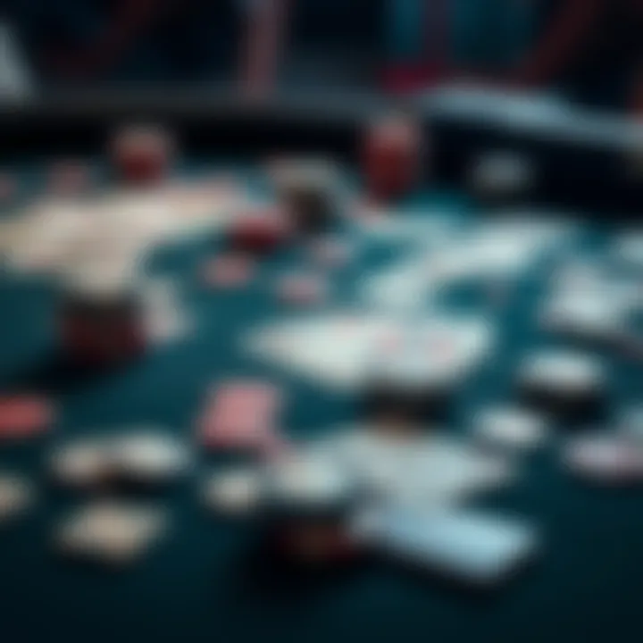 A poker table with playing cards and poker chips scattered around, showing the tension of the game